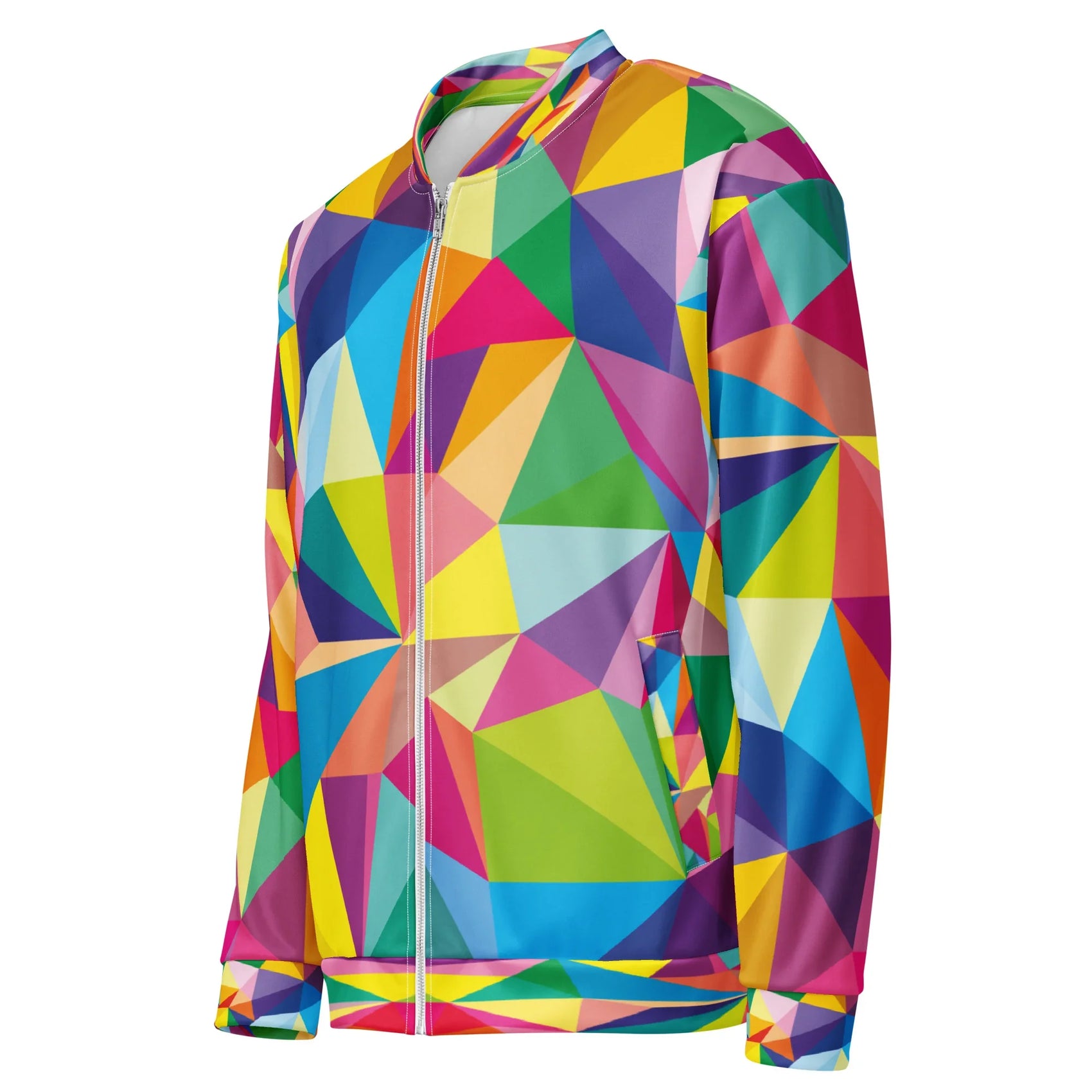 Colorful geometric patterned unisex bomber jacket with a front zipper and pockets