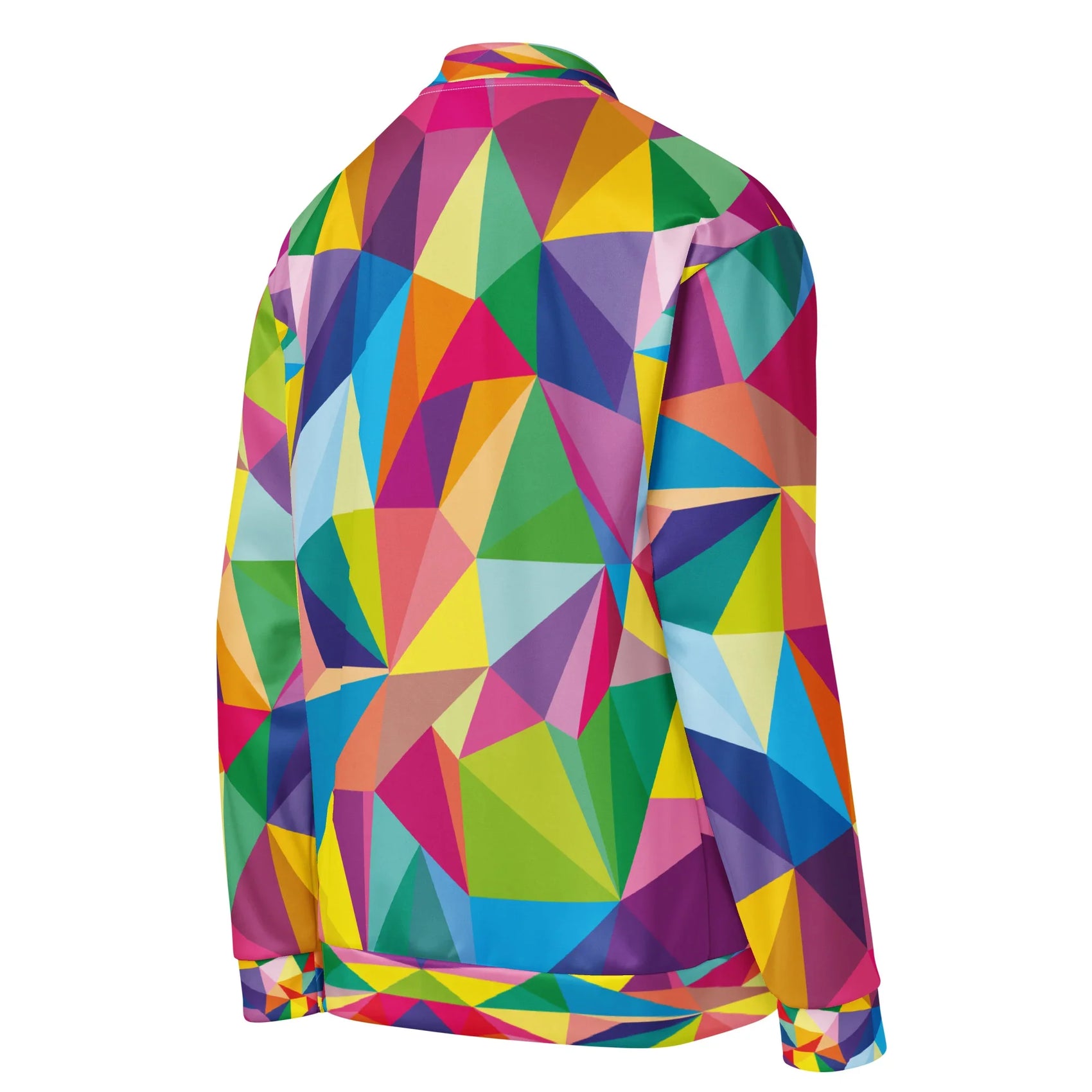 Colorful geometric pattern unisex bomber jacket shown from back right angle