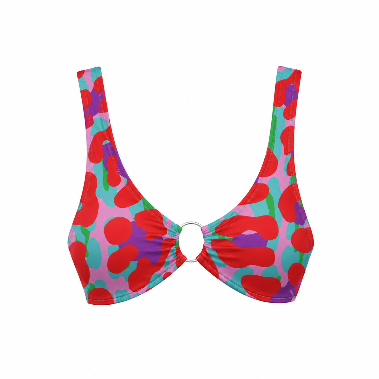Colorful bikini top with abstract pattern on a white background