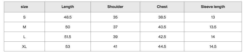 Table showing measurements for different sizes of a garment with columns for length, shoulder, chest, and sleeve length.