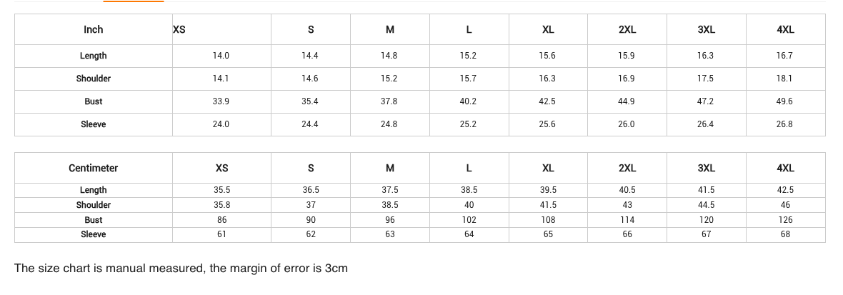Size chart for clothing with measurements in inches and centimeters