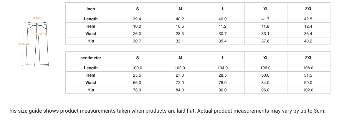 Size chart for pants with measurements in inches and centimeters.