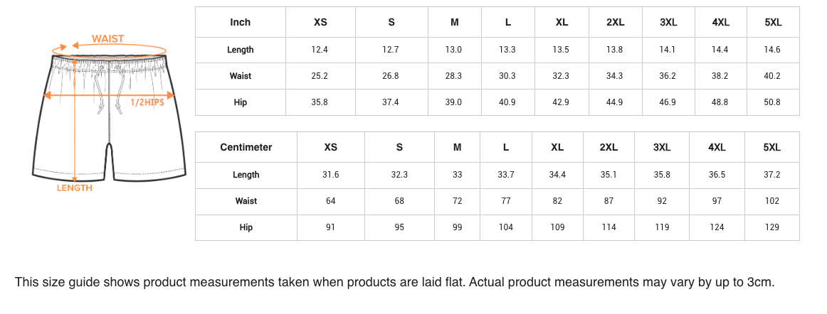 Size chart for shorts with measurements in inches and centimeters.