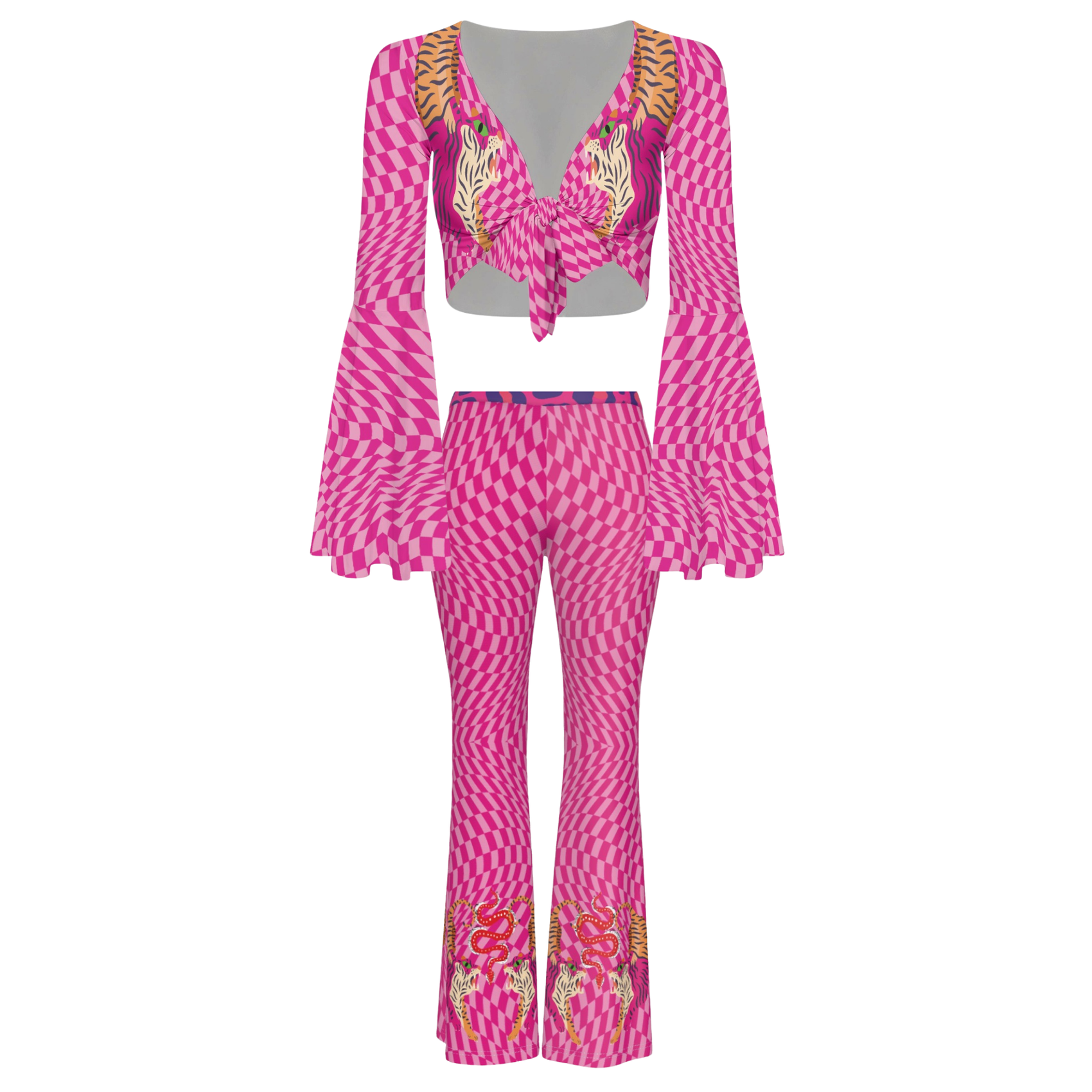 Tiger Balm Pink Women's High Elastic Flare Pants & Flared Sleeve Tie-Front Crop Top Set