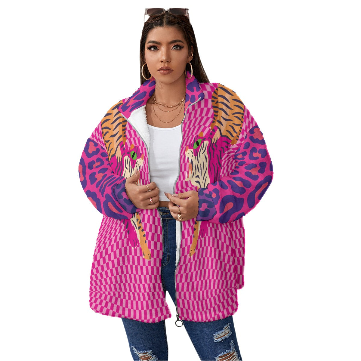 Tiger Balm Unisex Borg Fleece Stand-up Collar Coat With Zipper Closure(Plus Size)