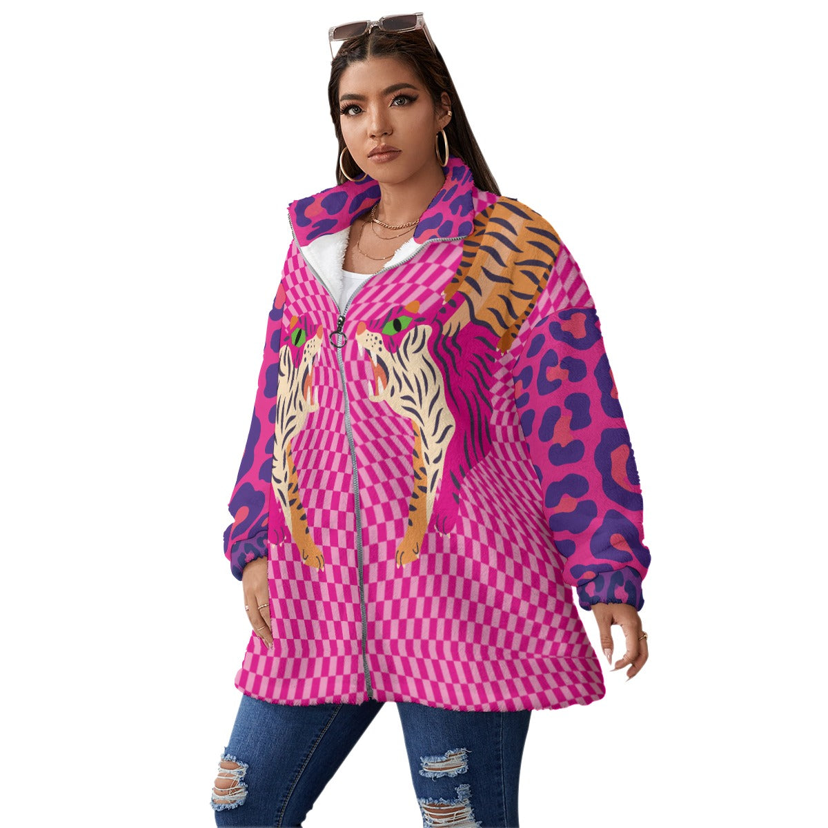 Tiger Balm Unisex Borg Fleece Stand-up Collar Coat With Zipper Closure(Plus Size)