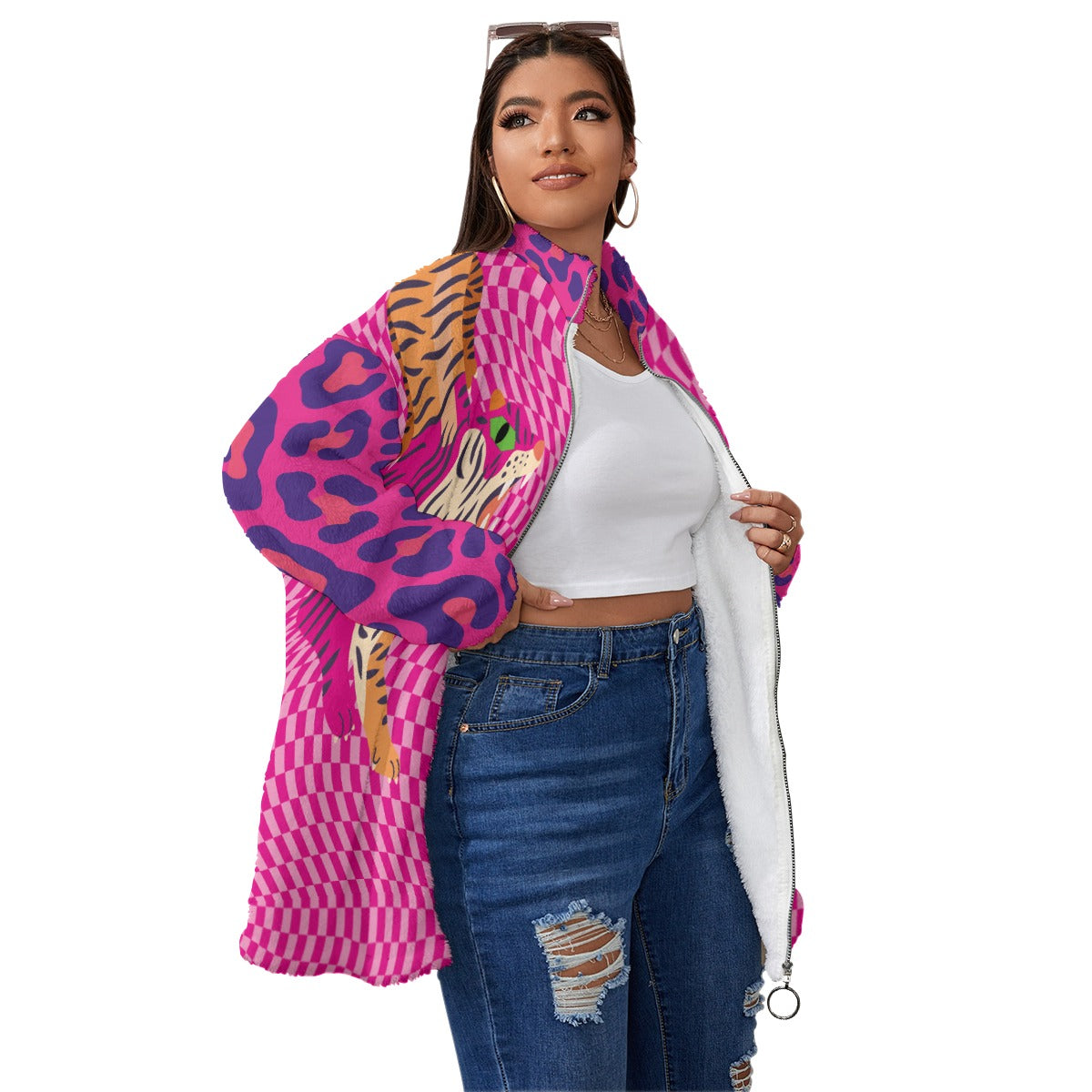 Tiger Balm Unisex Borg Fleece Stand-up Collar Coat With Zipper Closure(Plus Size)