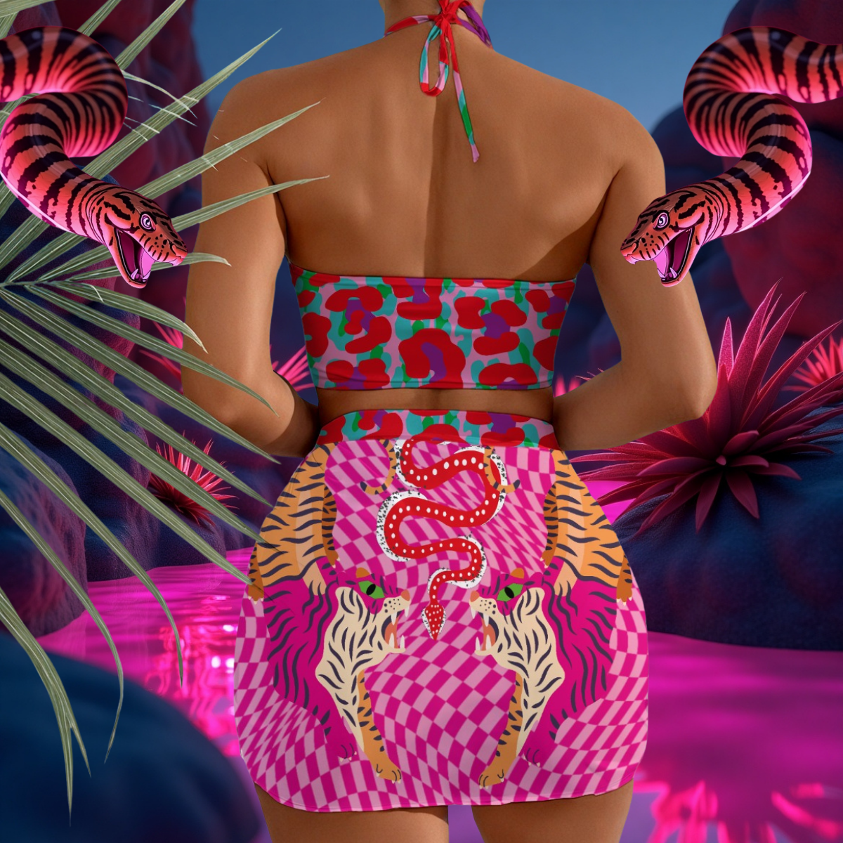 Person wearing a colorful outfit with tiger and snake patterns, surrounded by neon pink and purple plants.