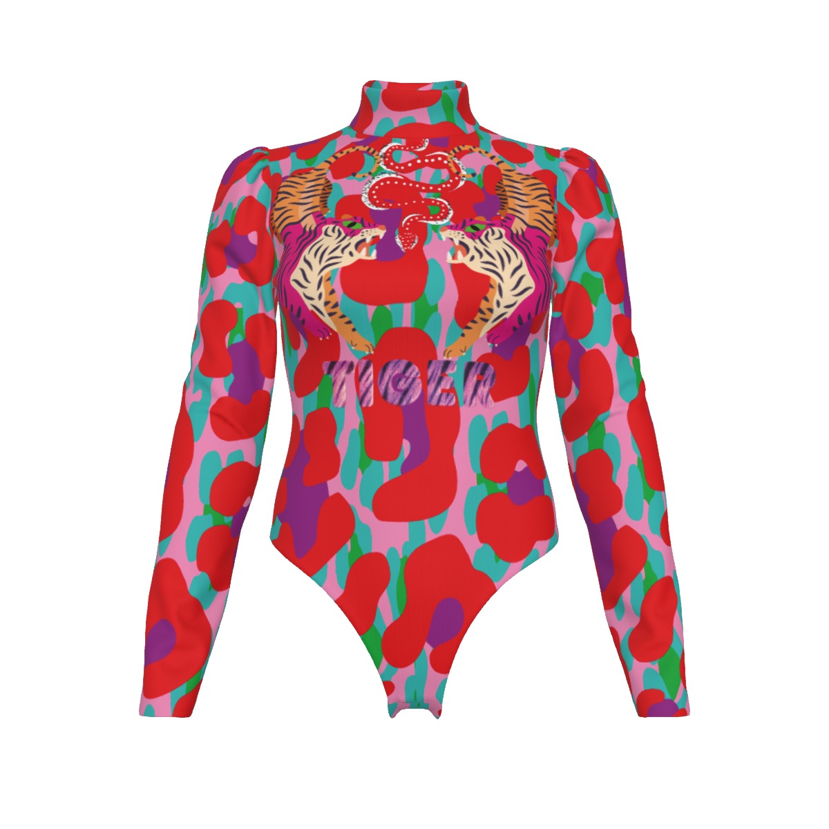 Tiger Balm Paw Pattern Women's Turtleneck Bodysuit With Puff Sleeve