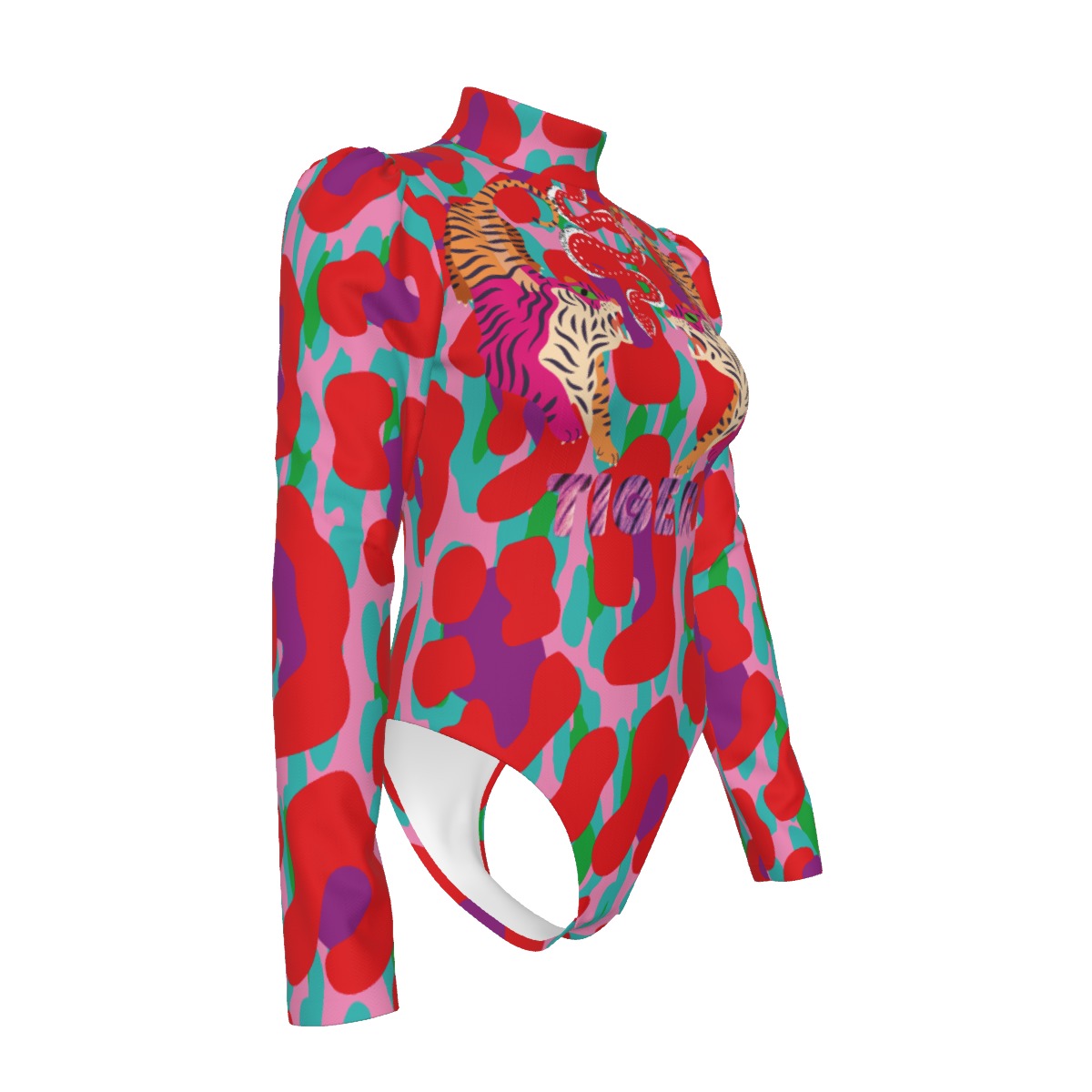 Tiger Balm Paw Pattern Women's Turtleneck Bodysuit With Puff Sleeve