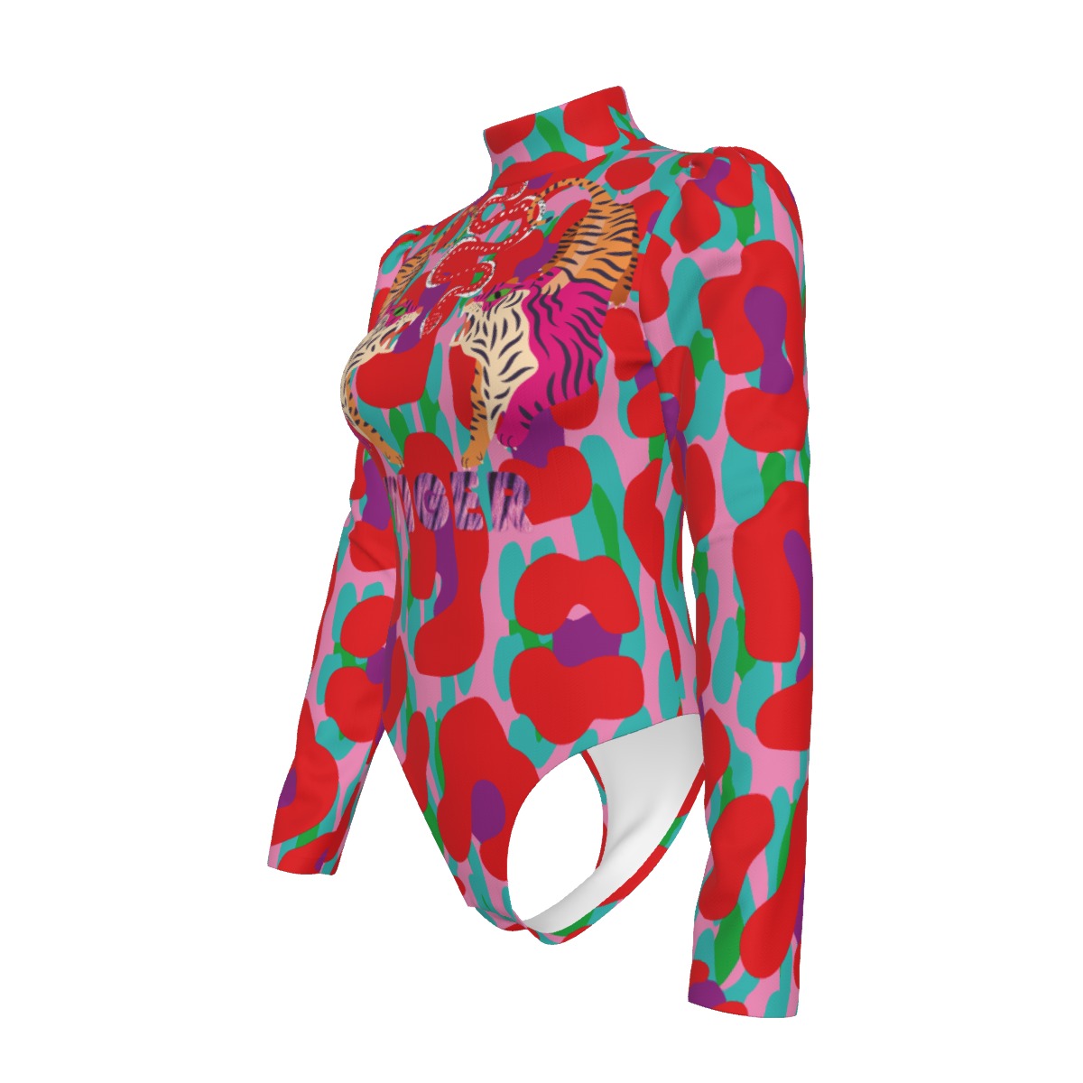 Tiger Balm Paw Pattern Women's Turtleneck Bodysuit With Puff Sleeve
