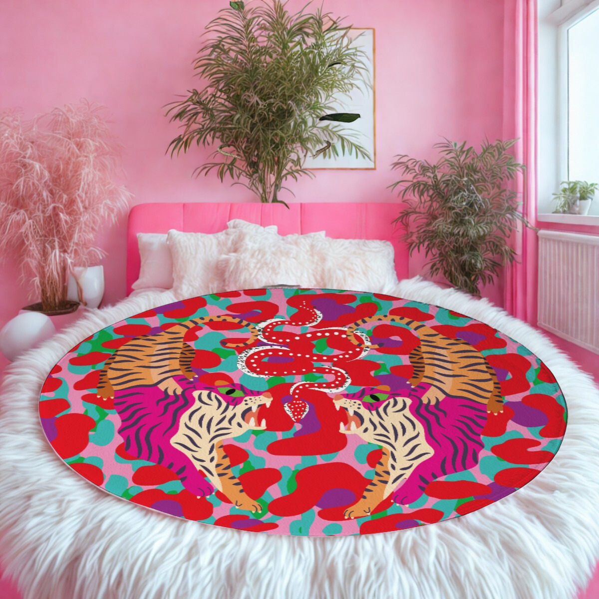 Colorful round rug with tiger design on a bed in a room with pink walls and plants.