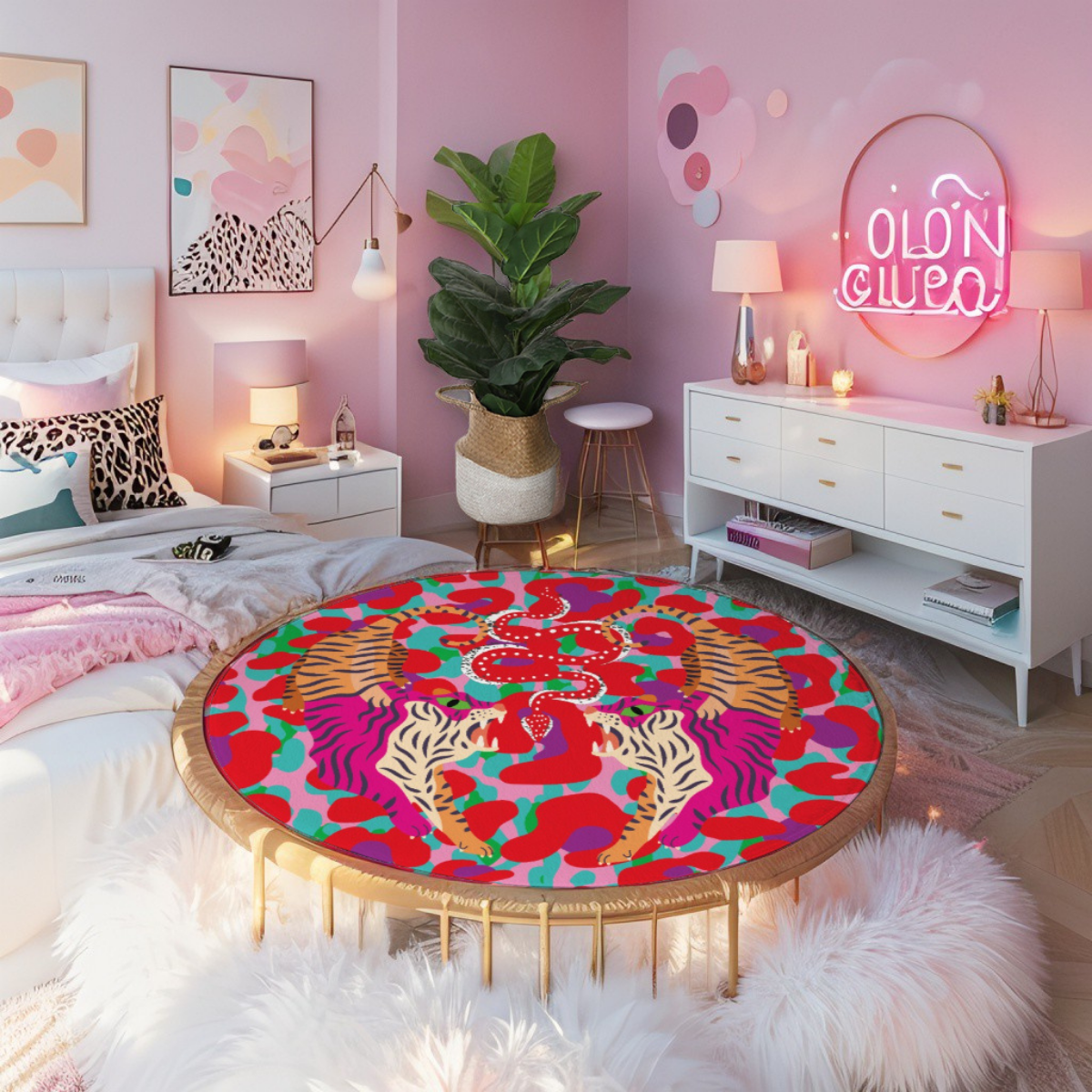 Colorful round table with tiger design in a stylish bedroom.