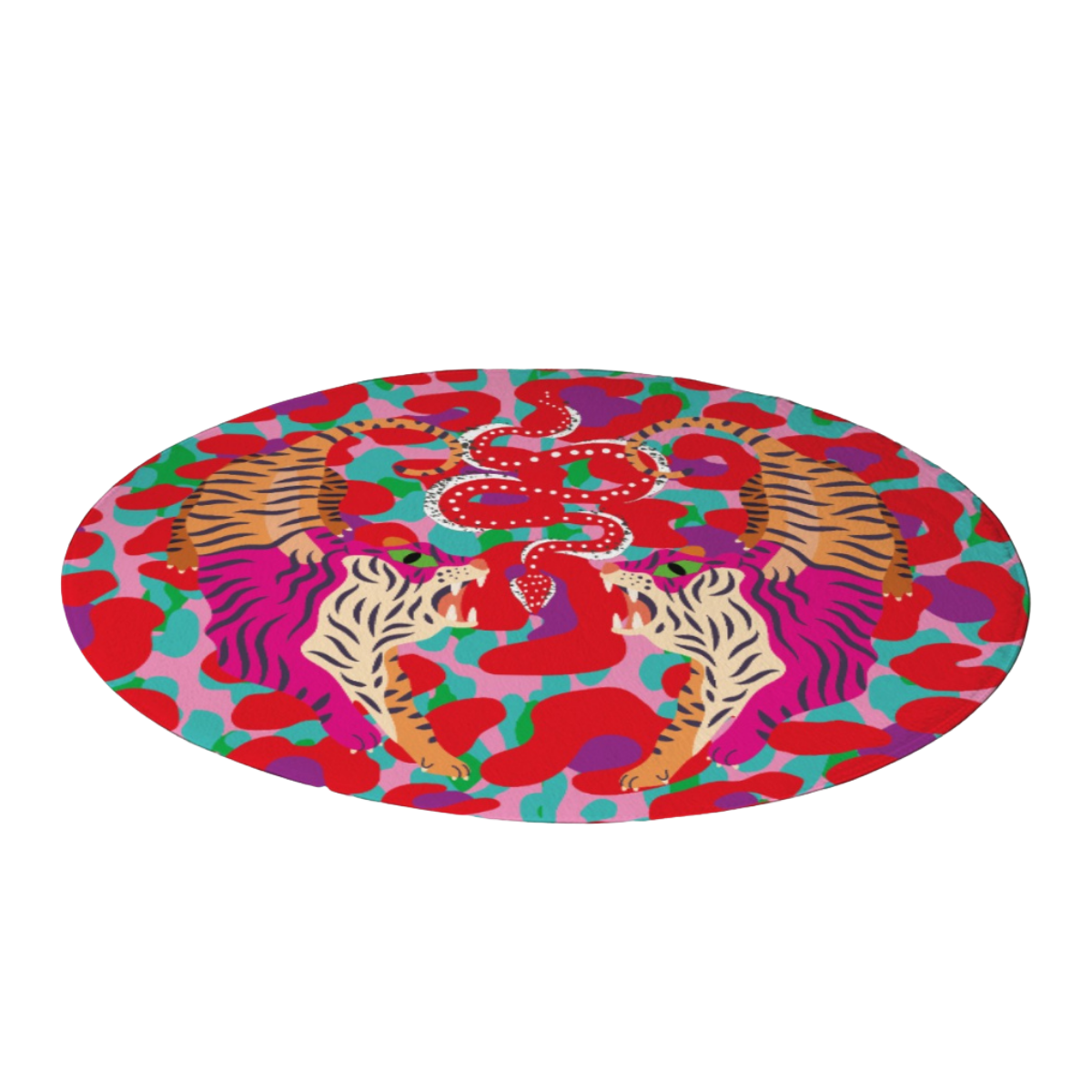 Colorful round rug with tiger and heart pattern on a white background