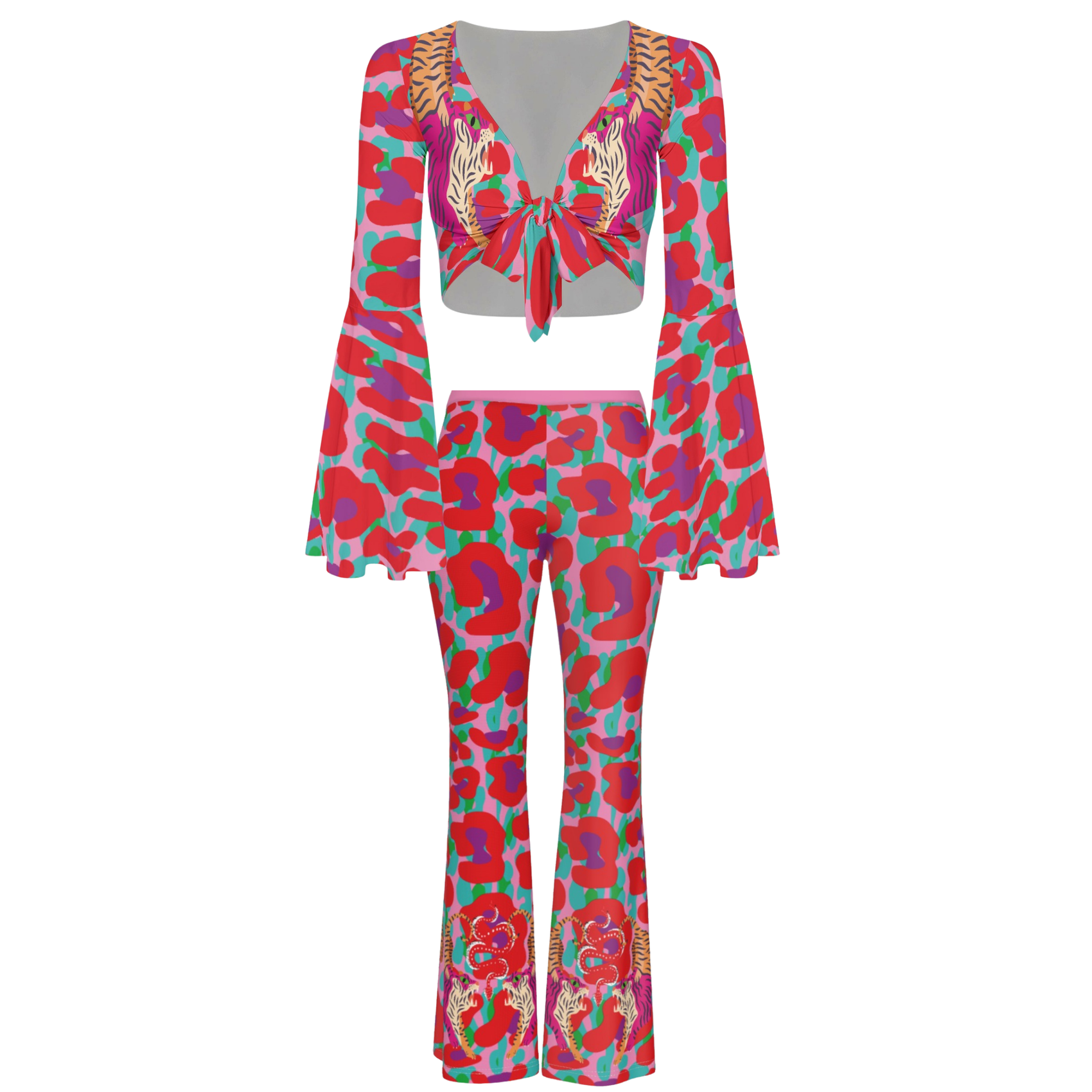 Tiger Balm Paw High Elastic Flare Pants & Flared Sleeve Tie-Front Crop Top Set