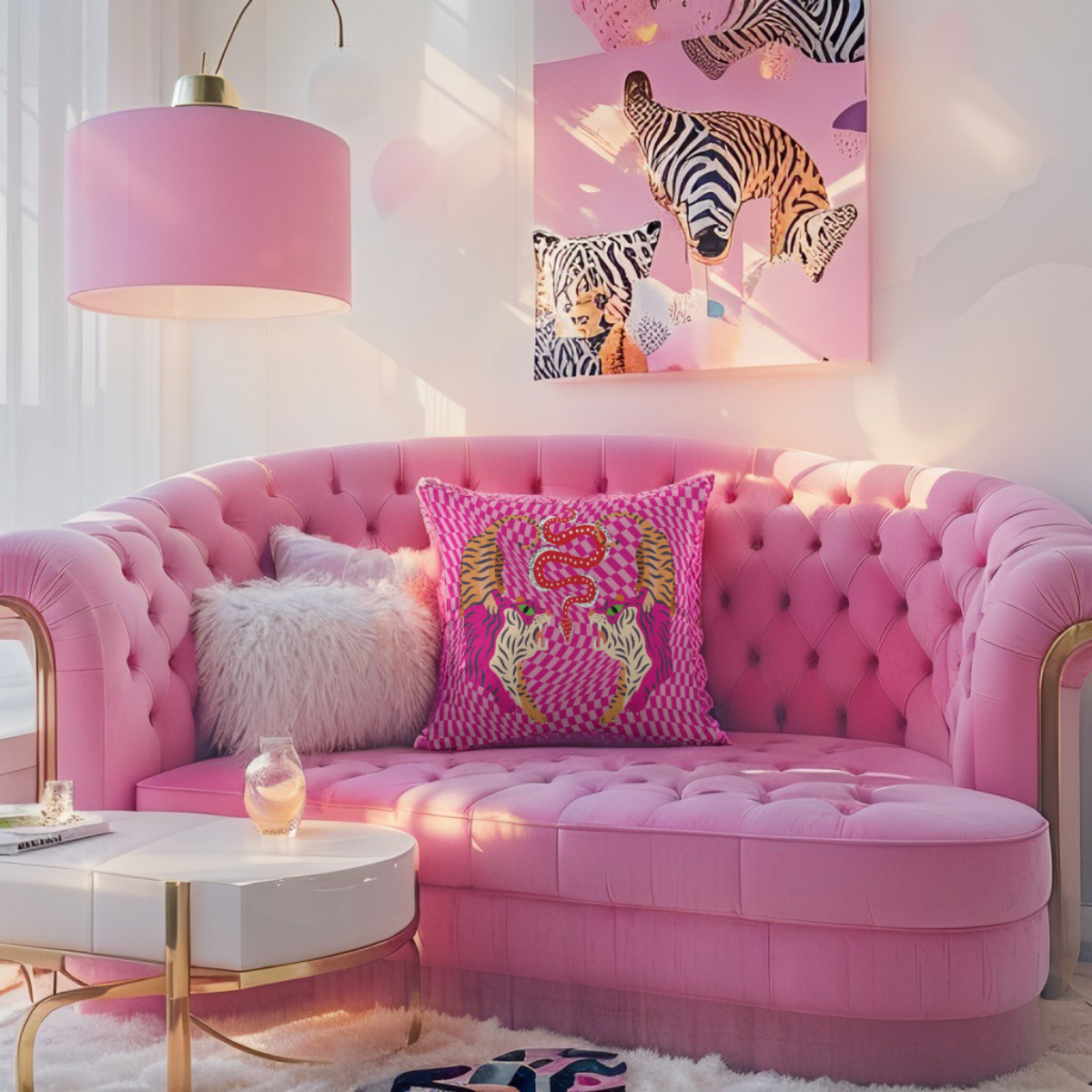 Pink tufted sofa with decorative pillows in a stylish living room.