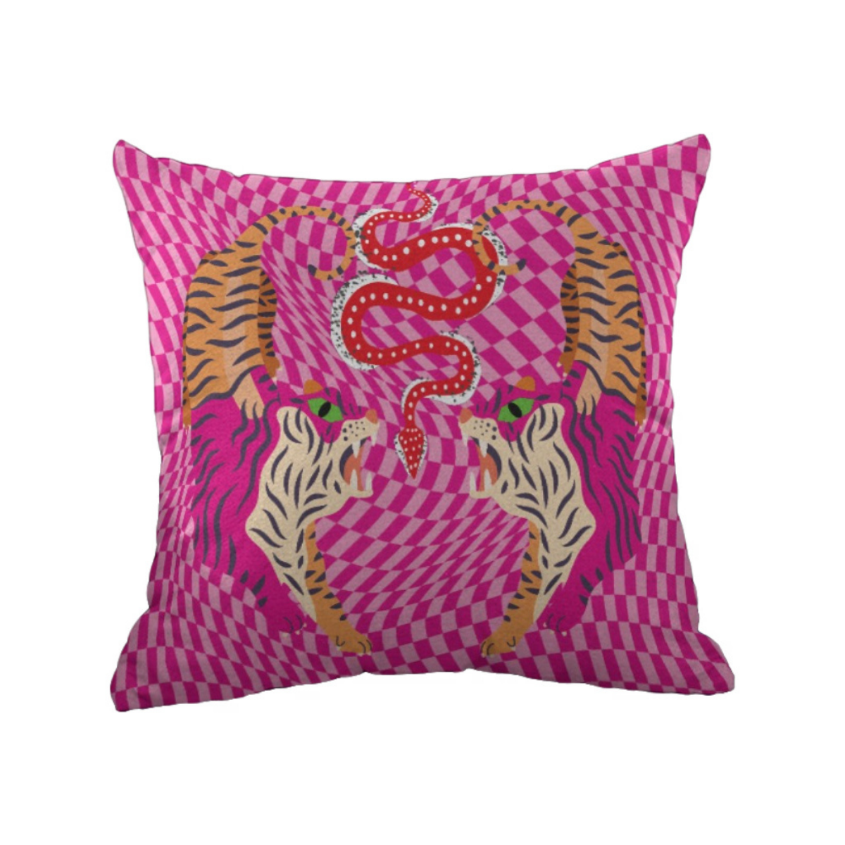 Decorative pillow with tiger and snake design on a pink checkered background