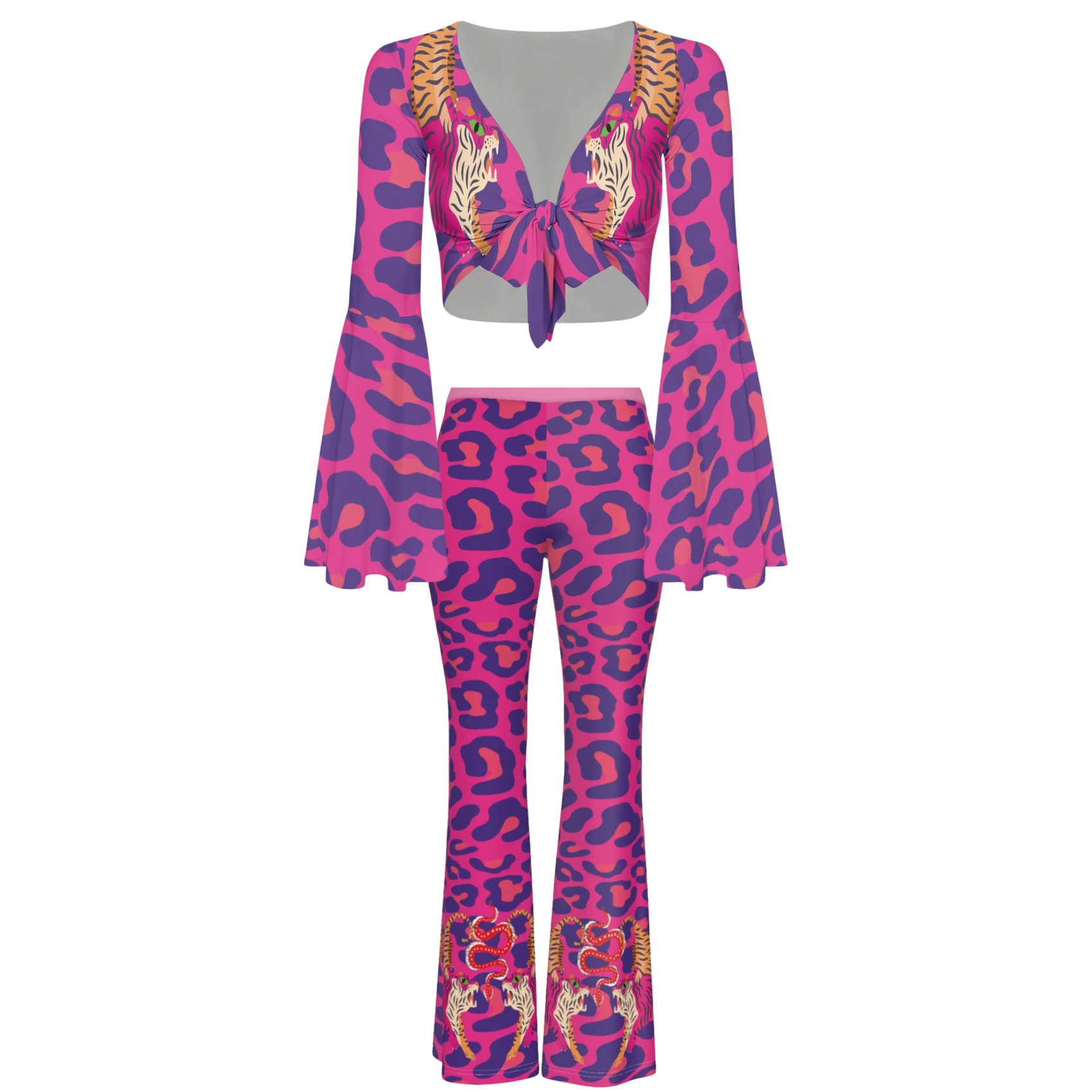 Tiger Balm Purple Women's High Elastic Flare Pants & Flared Sleeve Tie-Front Crop Top Set