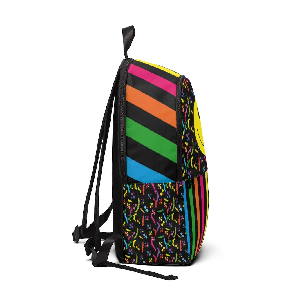 Side view of colorful backpack with rainbow stripes and multicolor confetti pattern