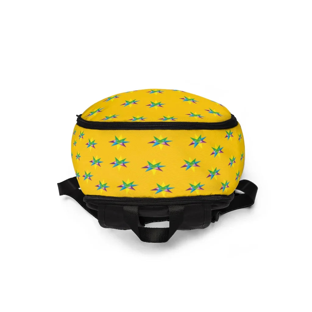 Yellow backpack with colorful star pattern and black zippers and straps