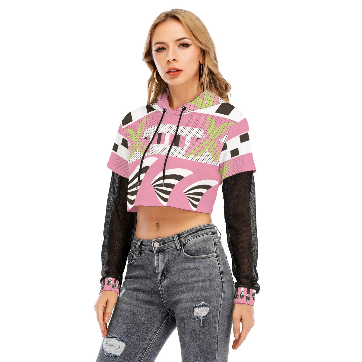 Pink Racer / Two-piece Mesh Sleeve Cropped Hoodie