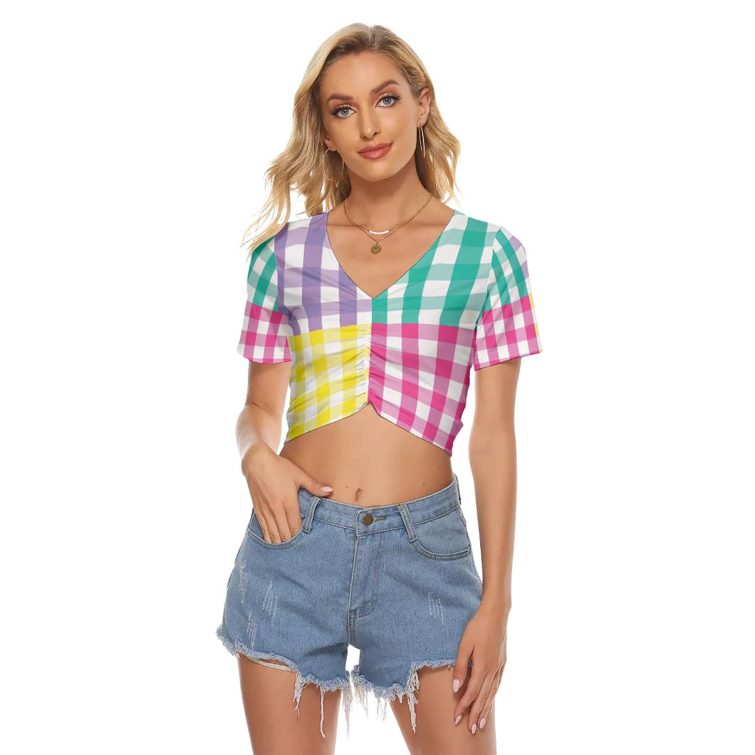 Multi Gingham /  Front Pleated Crop Tee