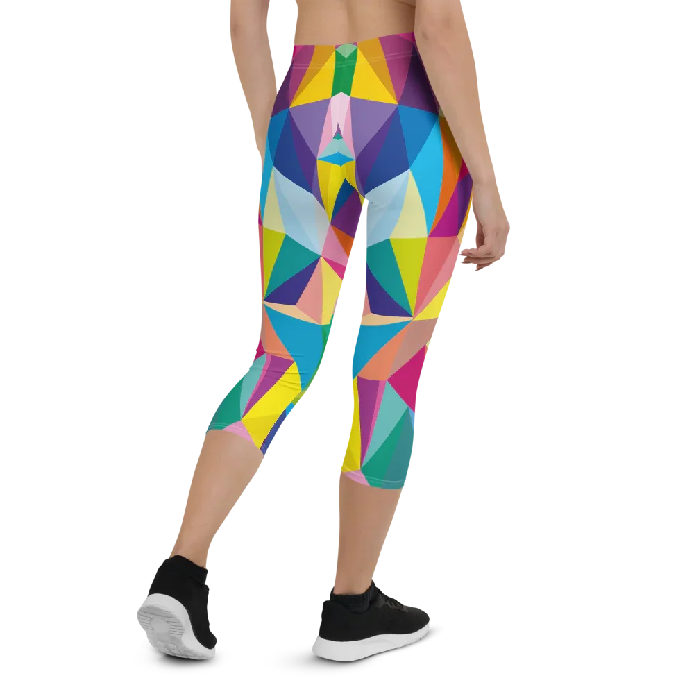 Back view of colorful geometric print capri leggings worn with black sneakers