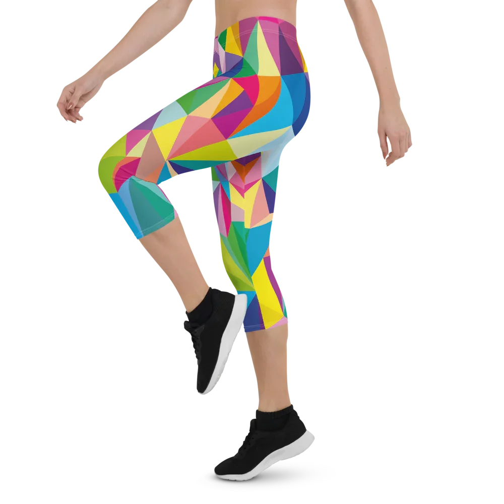 Person wearing colorful geometric pattern capri leggings and black athletic shoes in active pose