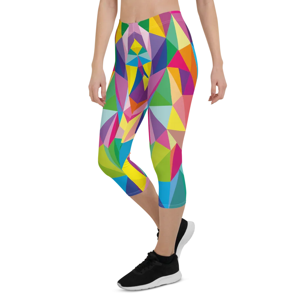 Woman wearing colorful geometric print capri leggings with black sneakers