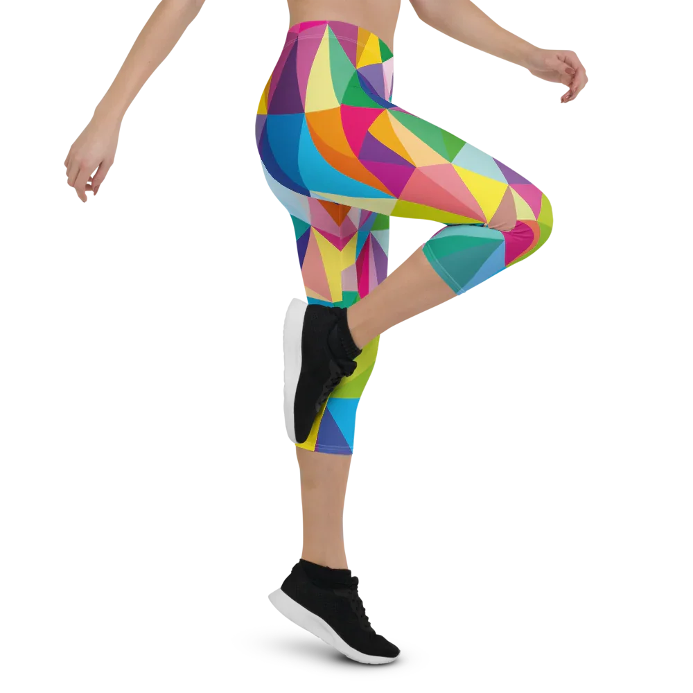 Woman wearing colorful geometric print capri leggings and black sneakers in a fitness pose