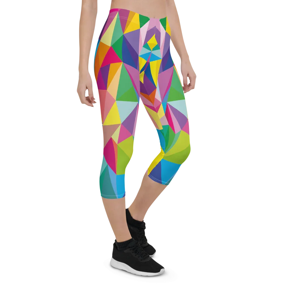 Woman wearing colorful geometric print capri leggings with black sneakers on white background