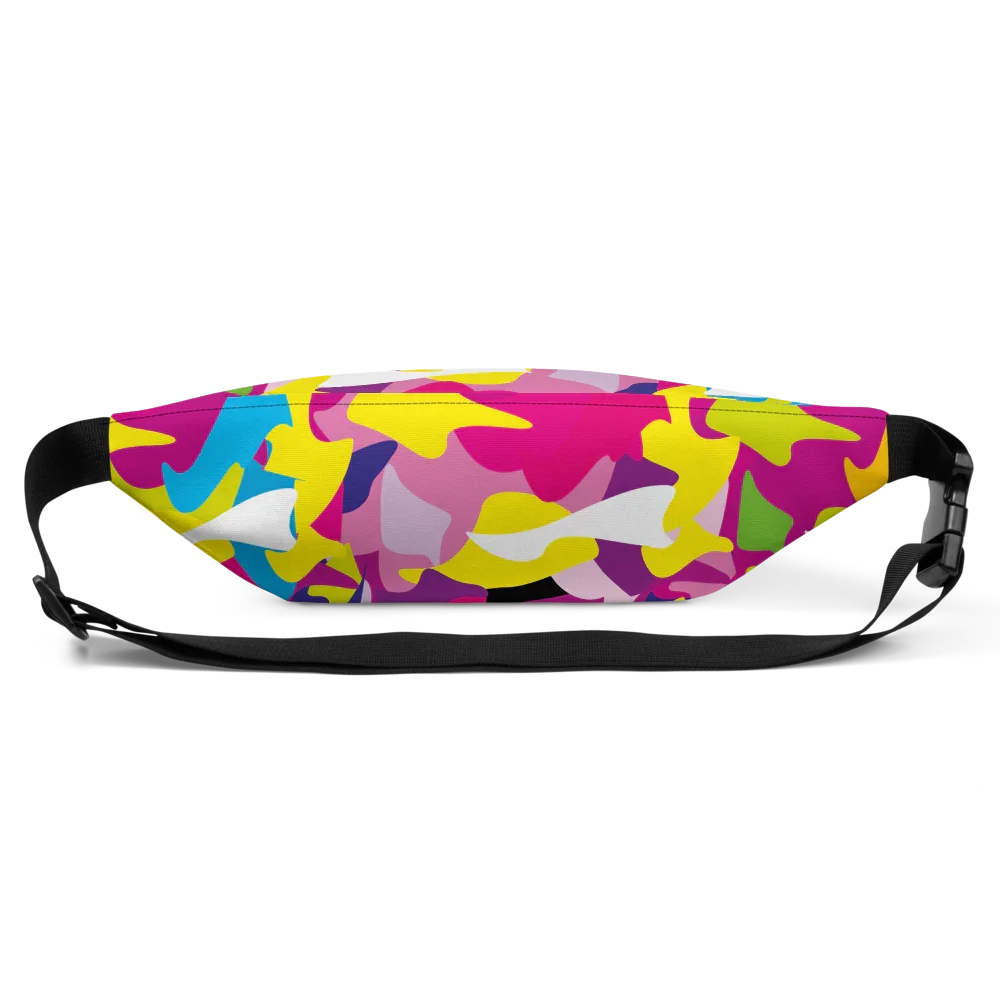 Colorful camo print fanny pack with adjustable black strap and plastic buckle on white background