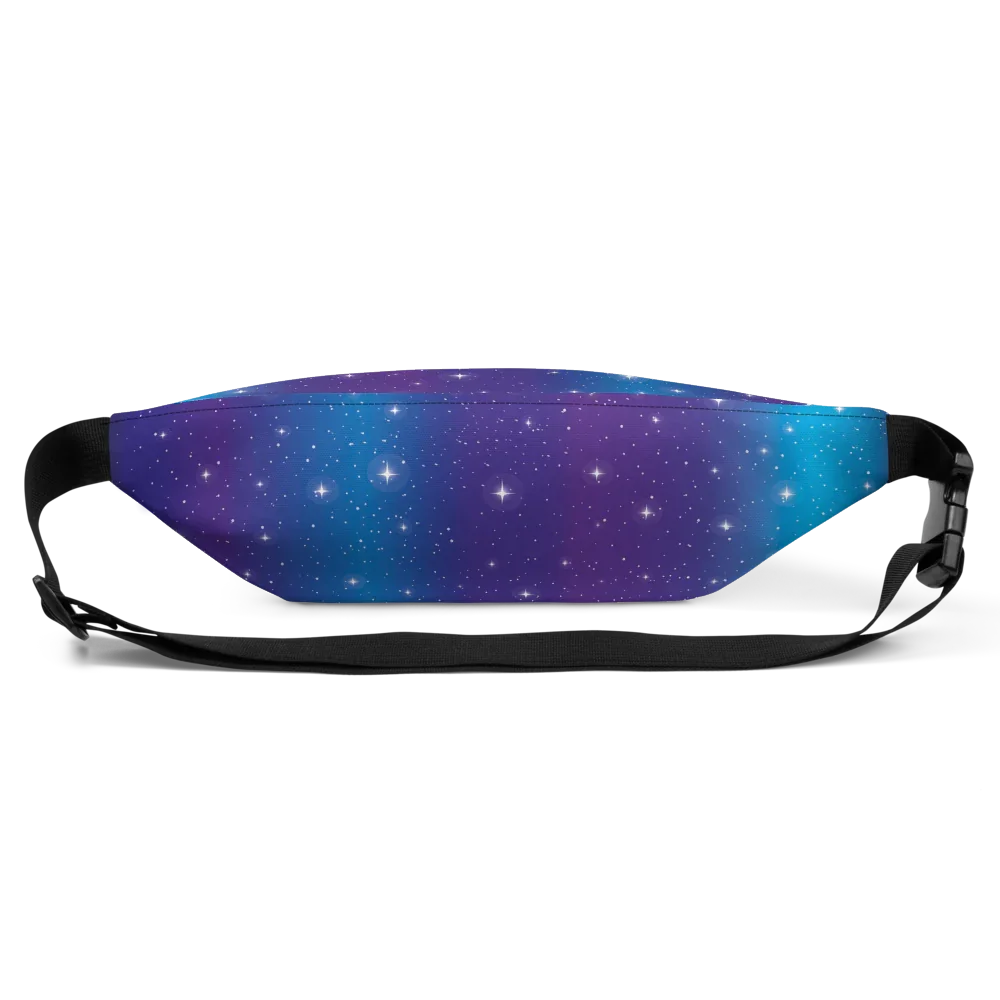 Galaxy print fanny pack with adjustable black strap and starry night design