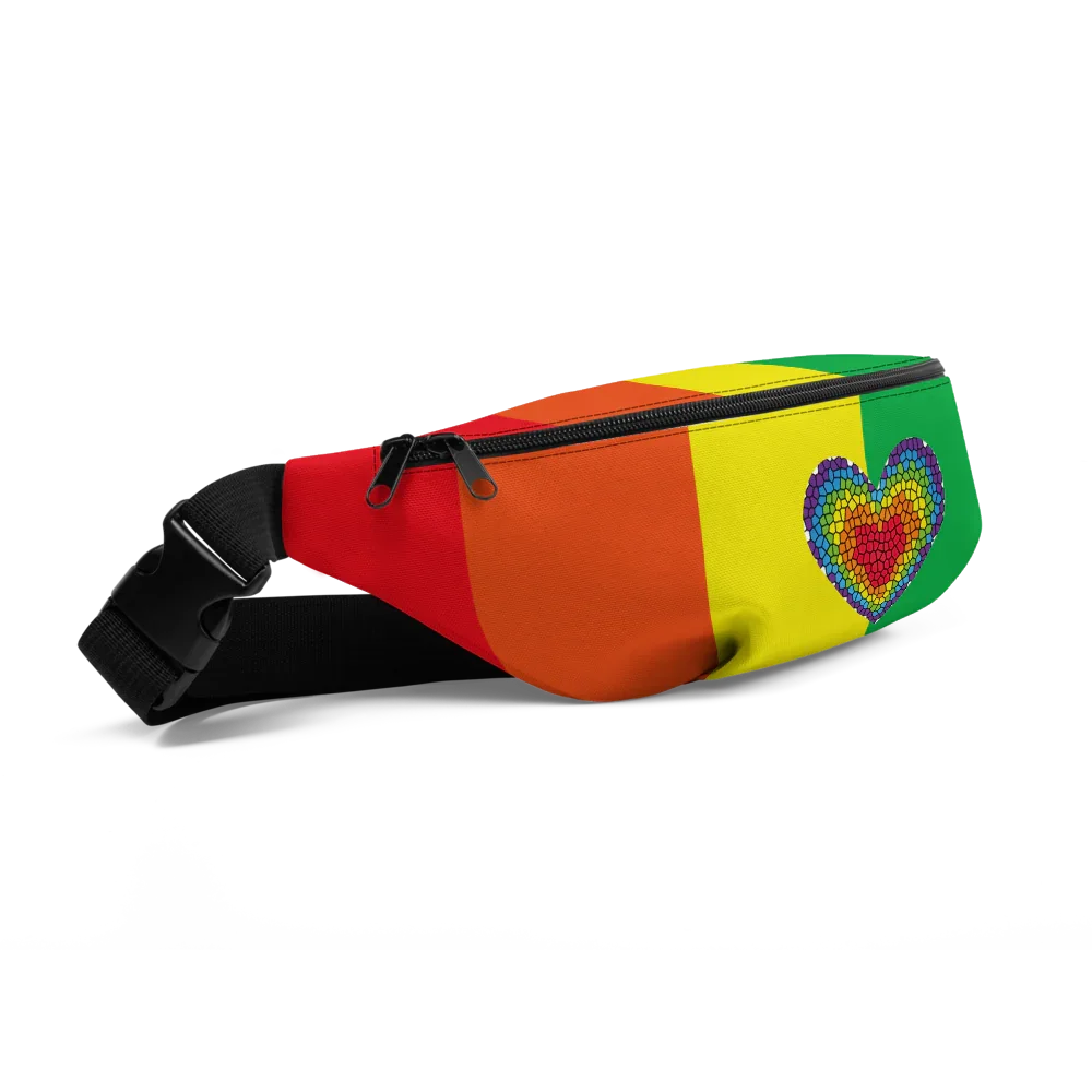 Rainbow striped fanny pack with mosaic heart design and black adjustable strap