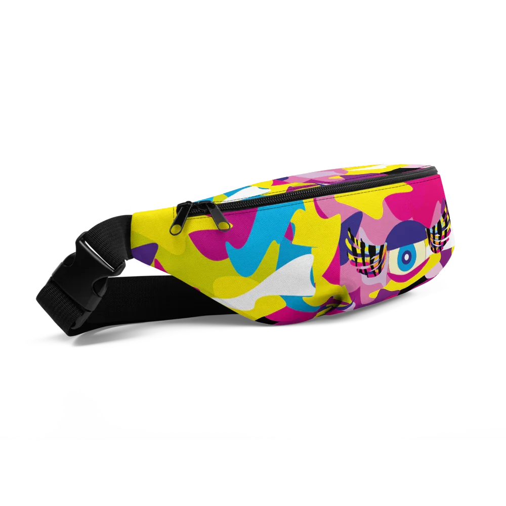 Colorful all-over print fanny pack with abstract yellow, pink, blue, and white pattern and winged eye design