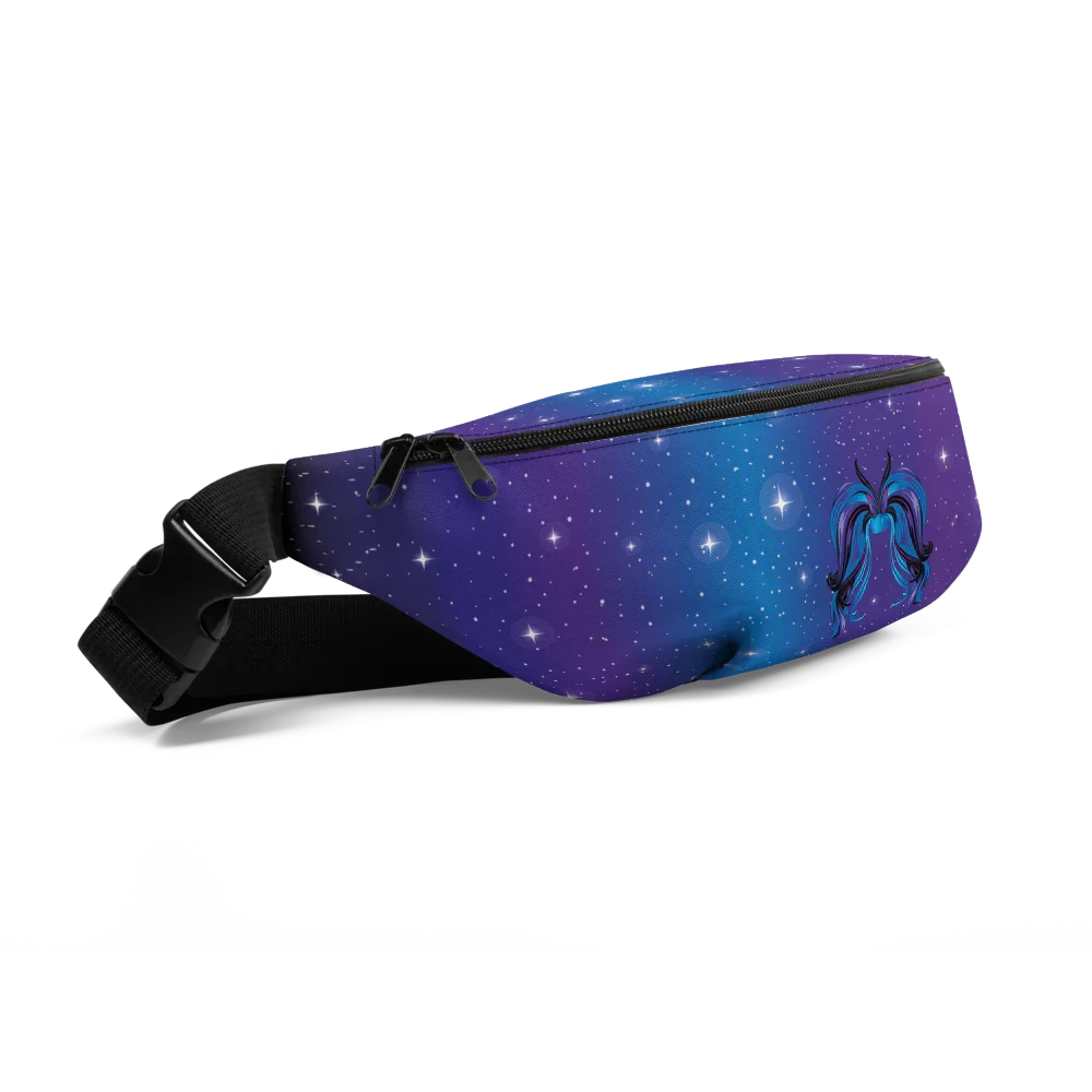 Purple and blue galaxy print fanny pack with black adjustable strap and zippered pocket
