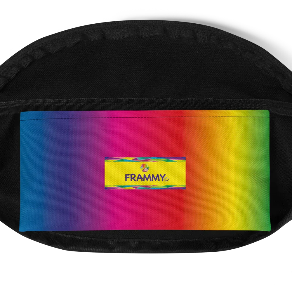 Colorful all-over print fanny pack with rainbow gradient and yellow FRAMMY logo patch