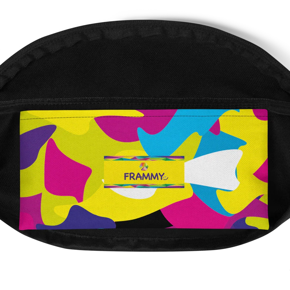 Colorful abstract pattern on a black fanny pack with yellow and purple label reading FRAMMY