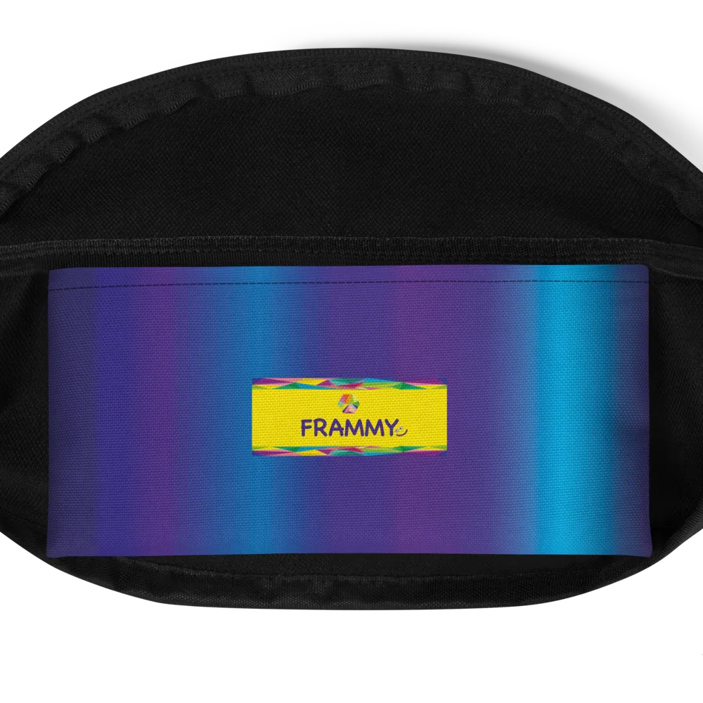 All-over print fanny pack with blue and purple gradient and yellow FRAMMY logo patch