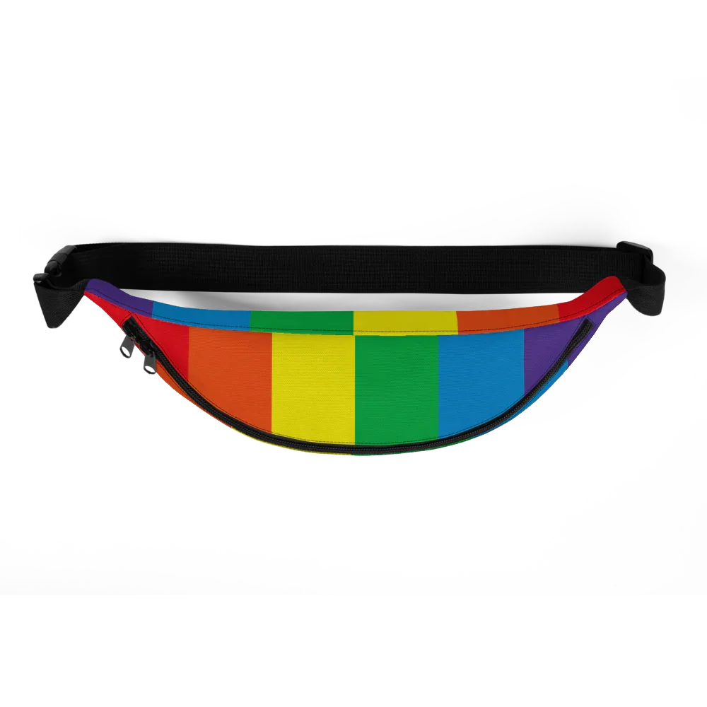 rainbow striped fanny pack with black adjustable strap and zipper pouch