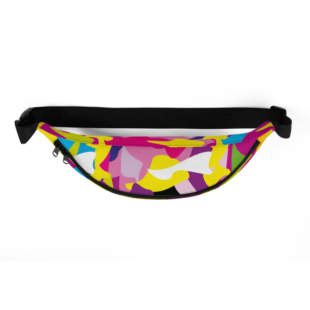 Colorful abstract camo print fanny pack with black adjustable strap and zipper