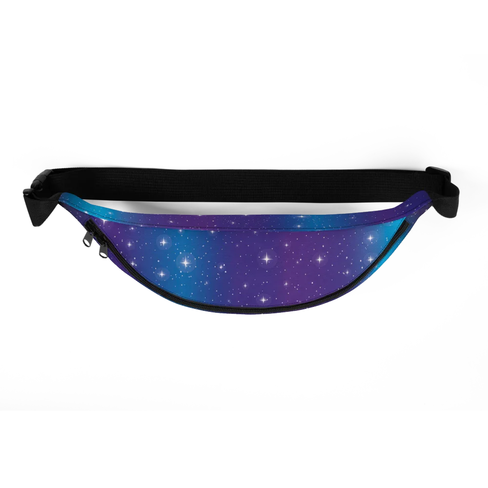 Galaxy-themed fanny pack with blue and purple starry design and black adjustable strap