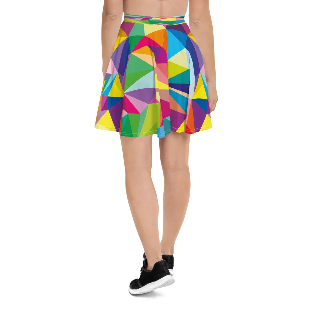 Back view of woman wearing colorful geometric print skater skirt with black sneakers