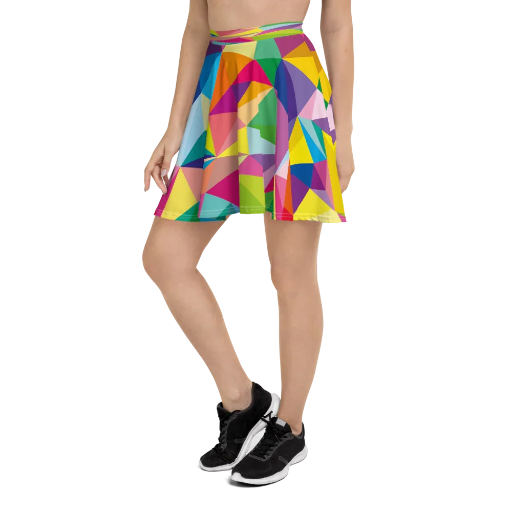 Woman wearing colorful geometric pattern skater skirt paired with black sneakers