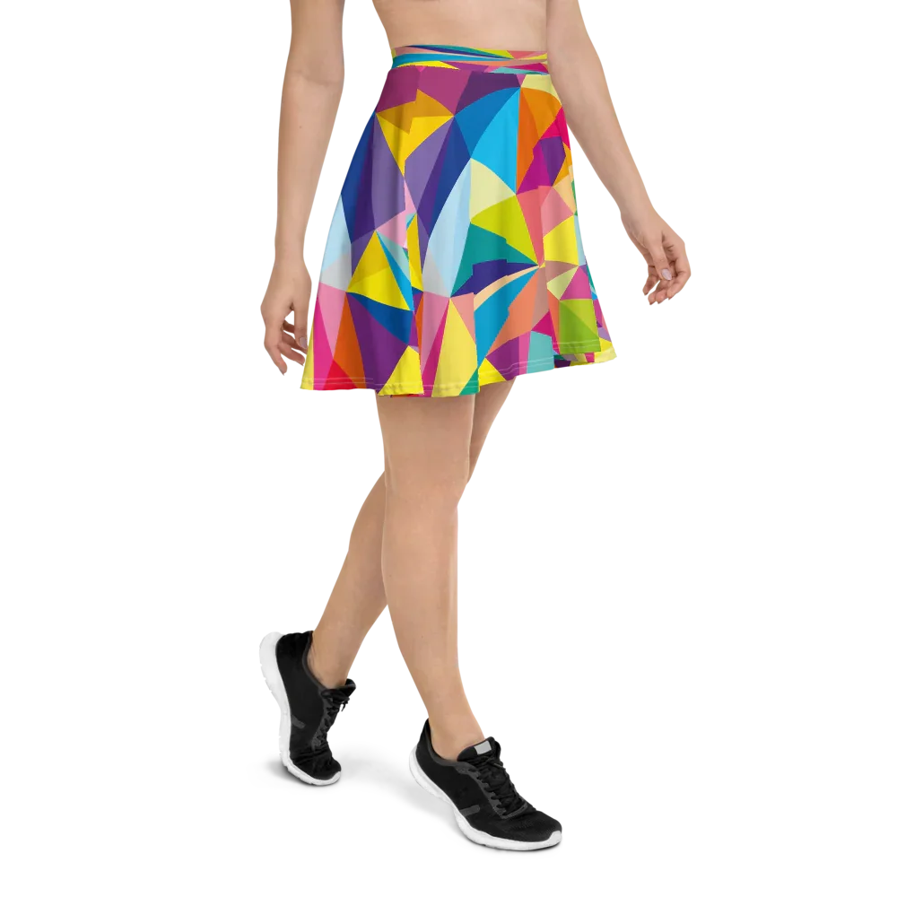 Woman wearing vibrant geometric pattern skater skirt with black sneakers, cropped top not shown