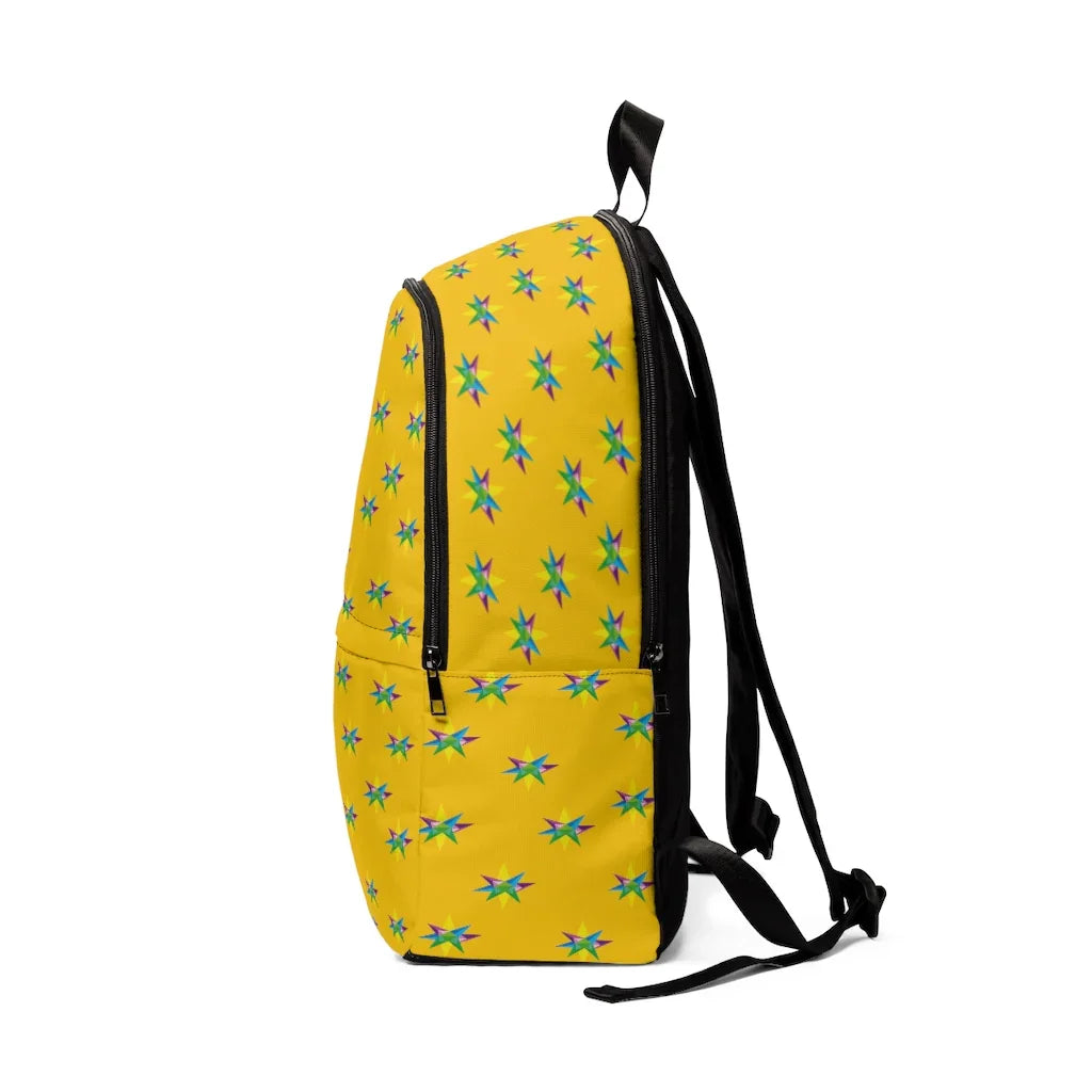 Yellow backpack with multicolor star pattern and black zippers and straps, side view