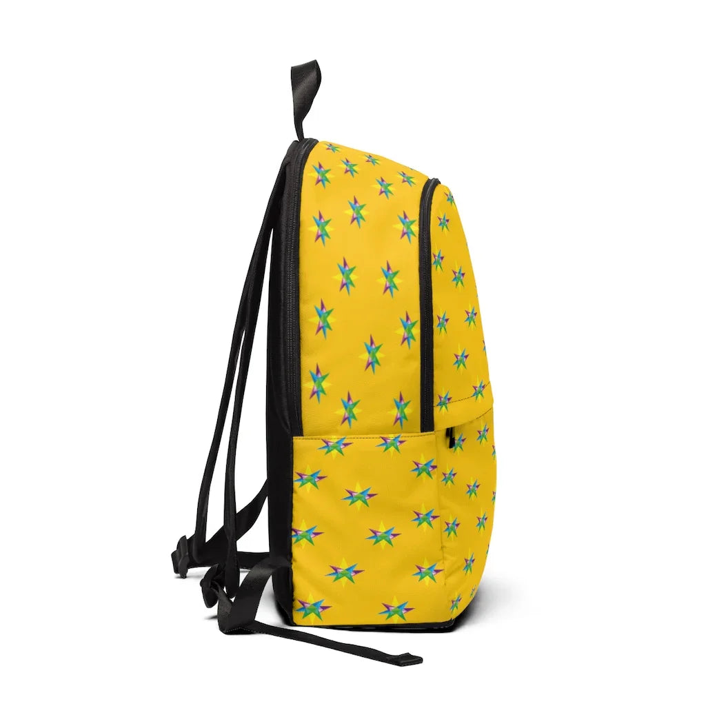 Yellow backpack with colorful star-shaped pattern and black straps shown from side view
