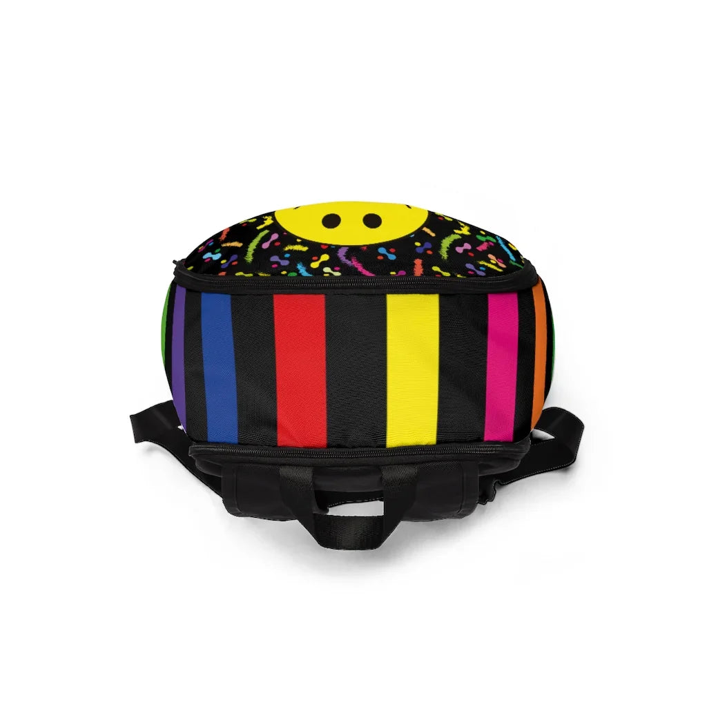 Colorful backpack with vertical stripes in blue, red, yellow, pink, and orange and a smiley face on top