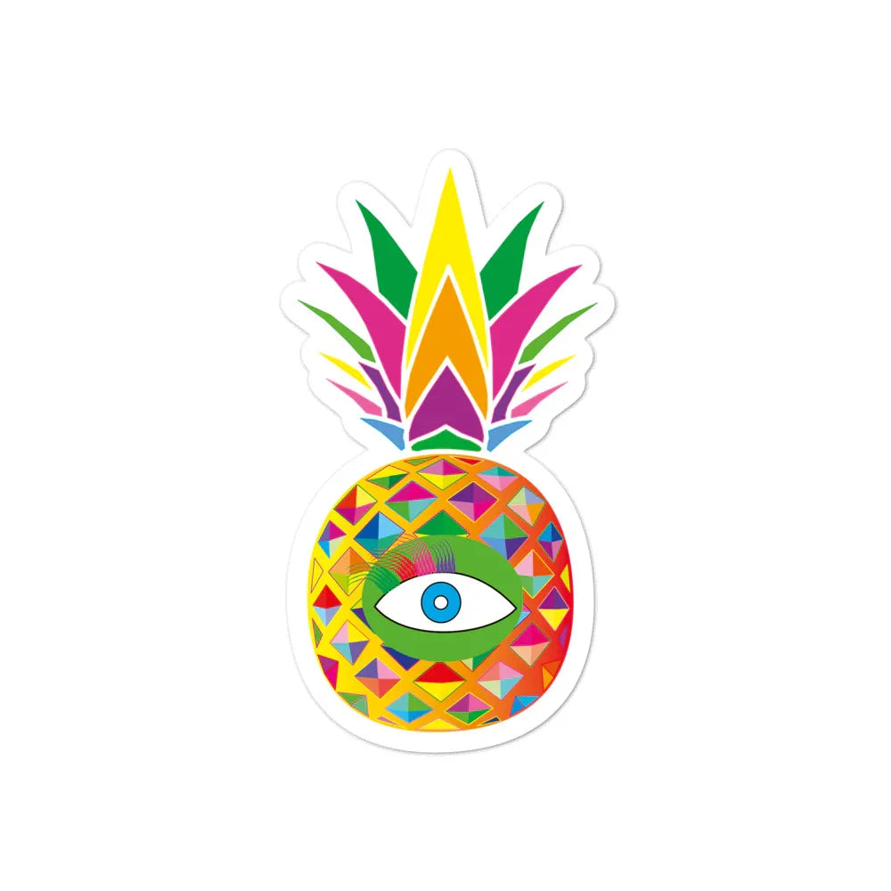 Colorful pineapple sticker with geometric patterns and a single blue eye on white background