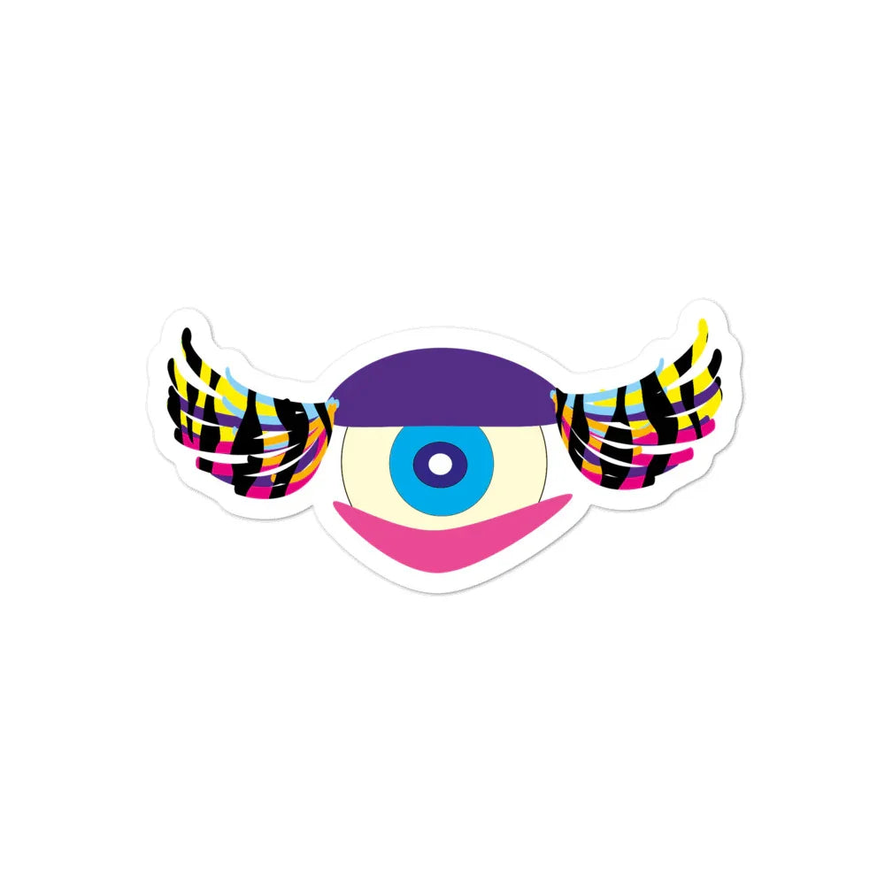 Colorful sticker of an eye with blue iris, purple top eyelid, pink bottom, and multicolor striped wings
